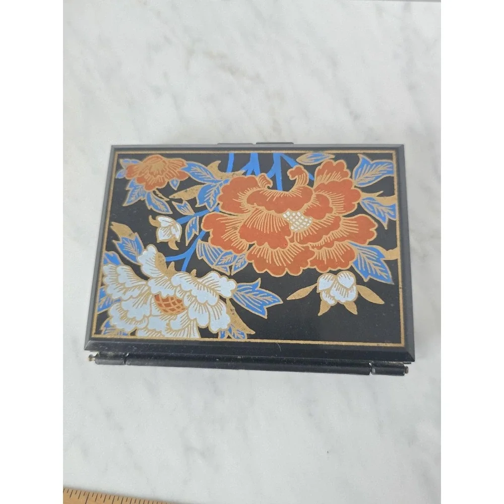 Vintage Asian Floral Travel Jewelry Box Compact with Mirror - 6 Compartment